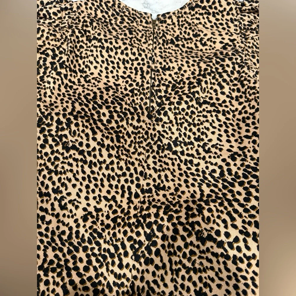 Ulla Johnson Leopard Print Long Puff Sleeve‎ Women's Thick Denim Blouse Top Sz 2